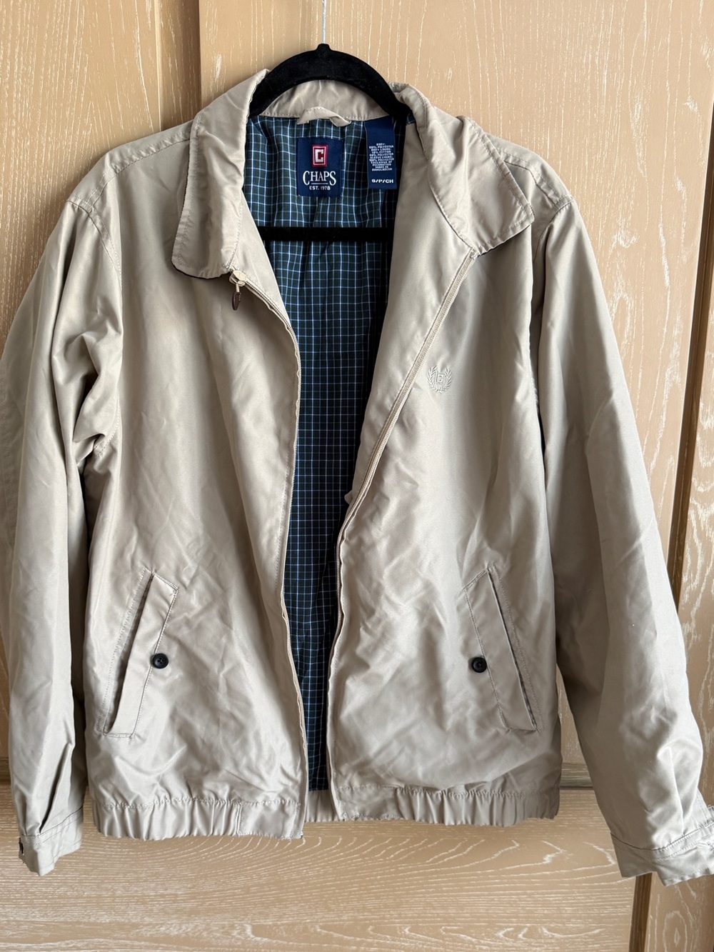 Chaps Men's Beige Bomber Jacket with Plaid Lining